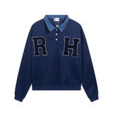 Rhude Hoodie Embroidery Denim Collar Stitching for Men and Women
