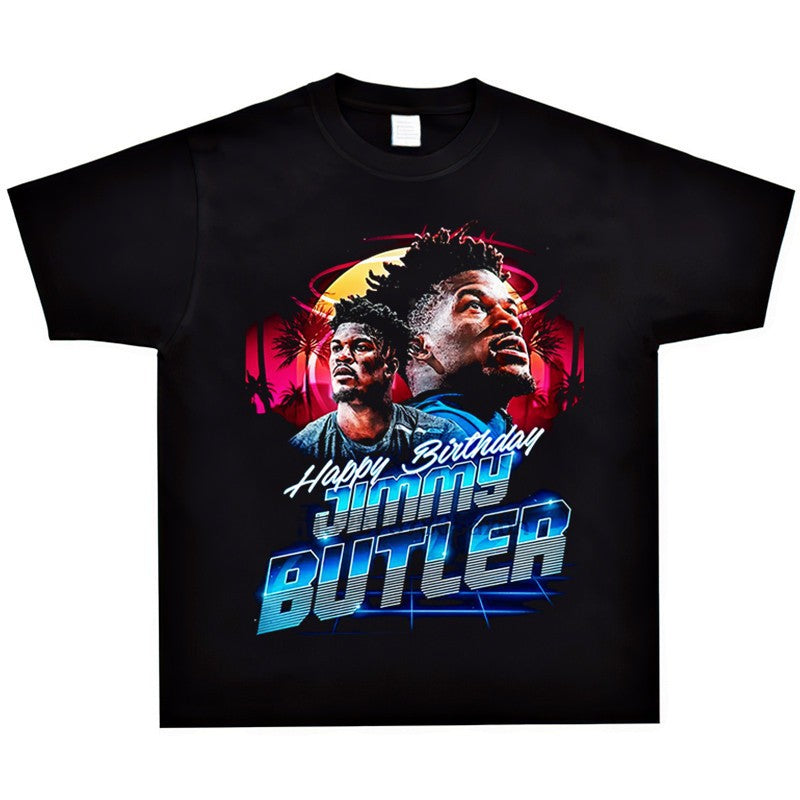 Basket Ball Star T Shirt Jimmy Butler Printed Washed Distressed T-shirt Cotton Short Sleeve round Neck