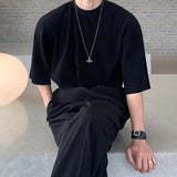 Mariner Shirt Men's Clothing Pleated Short Sleeves Japanese Loose Striped Korean Style round Neck T-shirt