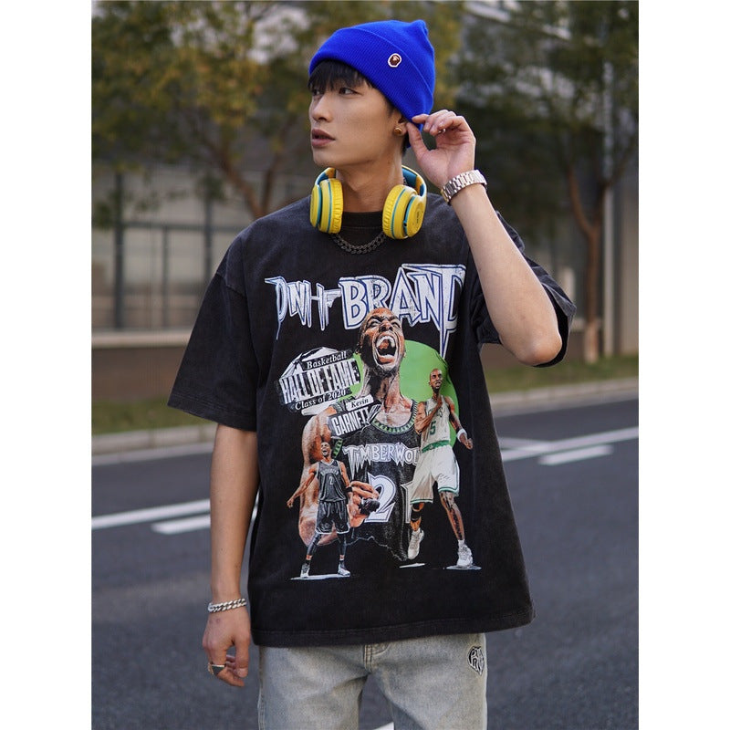 Basket Ball Star T Shirt Basketball Kevin Garnett Printed Washed Distressed American T-shirt Vintage Cotton Short Sleeve