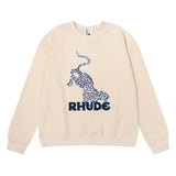 Rhude Hoodie Leopard Print Loose Men and Women Casual round Neck Sweater