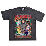 Basket Ball Star T Shirt Starting Five Retro Washed Distressed T-shirt Short Sleeve Loose Men and Women