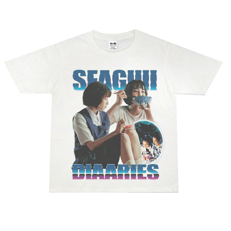 Film Star T Shirt Sea Street Diary Loose Retro Street Pure Cotton American T-shirt Men and Women