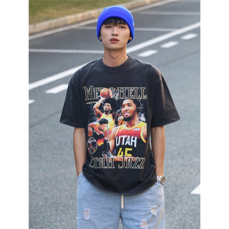Basket Ball Star T Shirt Basketball Donovan Mitchell Washed Distressed Printed T-shirt Vintage Cotton Short Sleeve