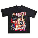 Basket Ball Star T Shirt Jalen Green Washed Distressed Printed T-Shirt Retro Short Sleeve Loose