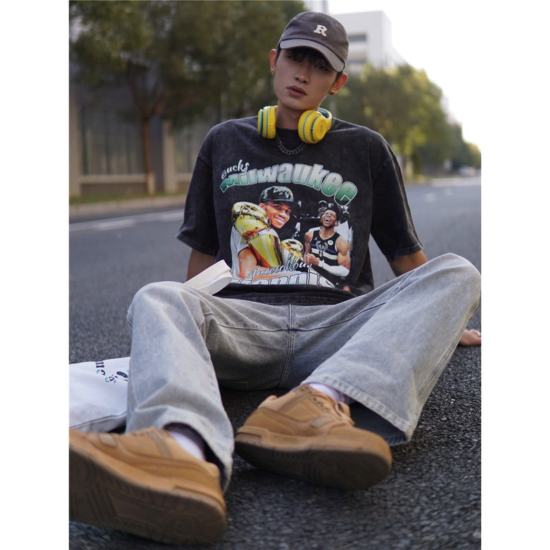 Basket Ball Star T Shirt Washed Distressed Printed T-Shirt Short Sleeve Loose Retro Cotton