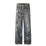 Unisex Pants Distressed Ink-splashed Loose-fitting Chain Jeans