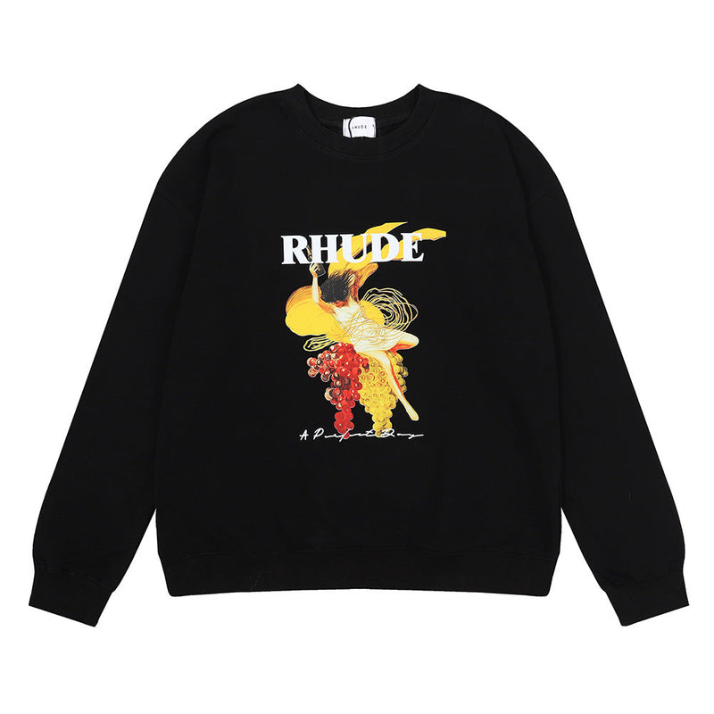 Rhude Hoodie Printed Cotton Terry Hip Hop Men and Women Casual round Neck Sweater