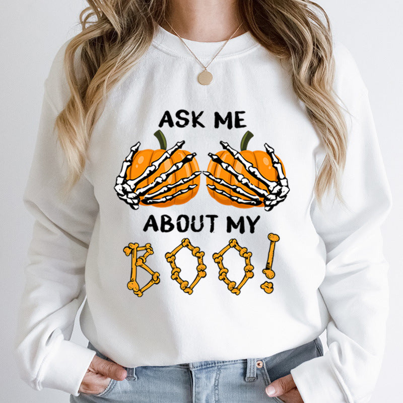 Halloween Pumpkin Ask Me About My Boo Print Round Neck