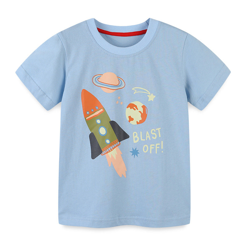 Boy T Shirt Summer Boys' T-shirt Knitted Cotton Cartoon Printed round Neck Short Sleeve T-shirt
