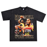 Basket Ball Star T Shirt Basketball Donovan Mitchell Washed Distressed Printed T-shirt Vintage Cotton Short Sleeve