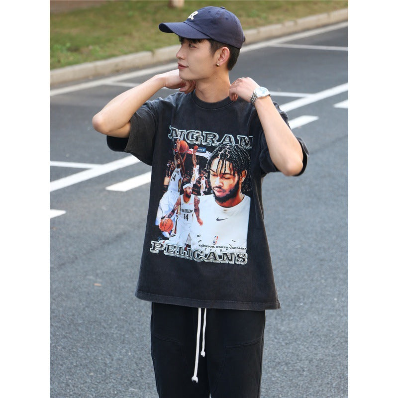 Basket Ball Star T Shirt Basketball Washed Distressed Short Sleeve Printed round Neck Loose T-shirt Pure Cotton