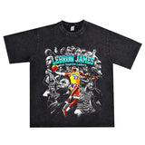 Basket Ball Star T Shirt Lebron James Washed Distressed Street American T-Shirt Loose
