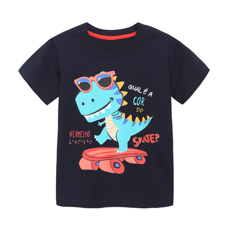 Boy T Shirt Boys' T-shirt Summer Short Sleeve T-shirt Knitted Cotton round Neck Cartoon Printed