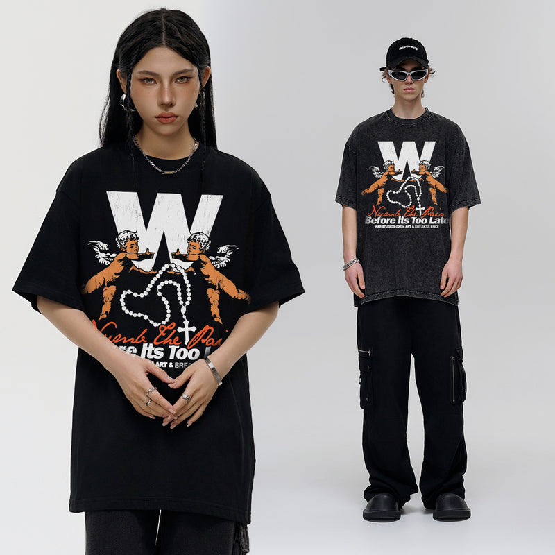 Vintage T-shirts Vintage Printed Short Sleeve T-Shirt Washed and Old Cotton