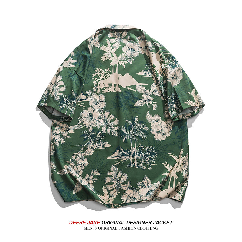 Men Shirts Summer Short Sleeve Printed Shirt Loose Shirt Coat