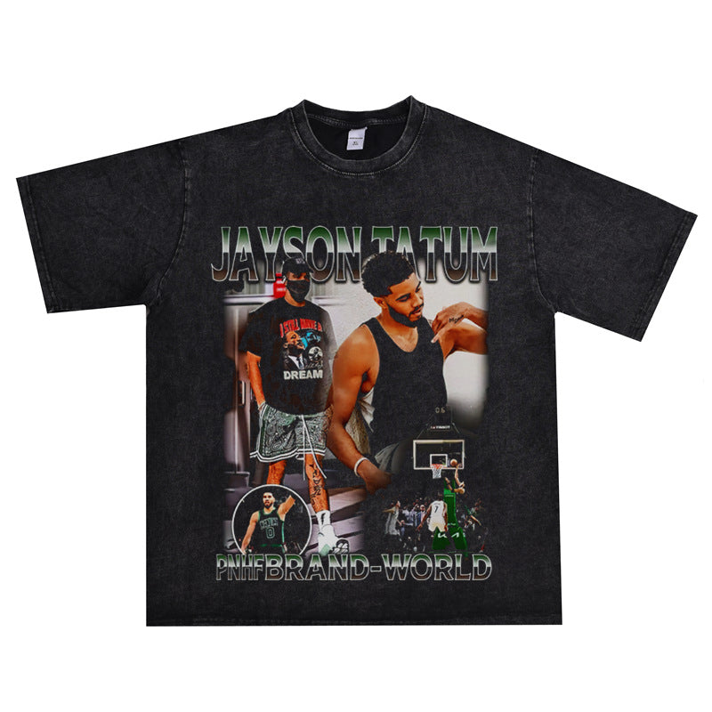 Basket Ball Star T Shirt Jayson Tatum Washed Distressed Printed T-Shirt Loose Retro Short Sleeve