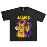 Basket Ball Star T Shirt Lebron James Washed Distressed Street American T-Shirt Loose