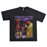Basket Ball Star T Shirt Lebron James Washed Distressed Street American T-Shirt Loose