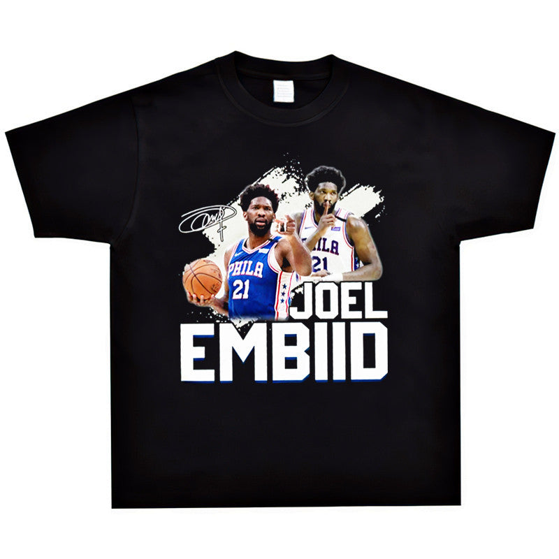 Basket Ball Star T Shirt Basketball Joel Embiid Washed Distressed T-shirt Short Sleeve Loose Retro