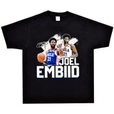 Basket Ball Star T Shirt Basketball Joel Embiid Washed Distressed T-shirt Short Sleeve Loose Retro