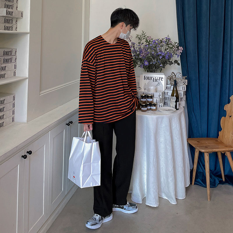 Mariner Shirt Striped T-shirt Men's Spring and Autumn Loose Trendy Casual Cotton round Neck Long Sleeves