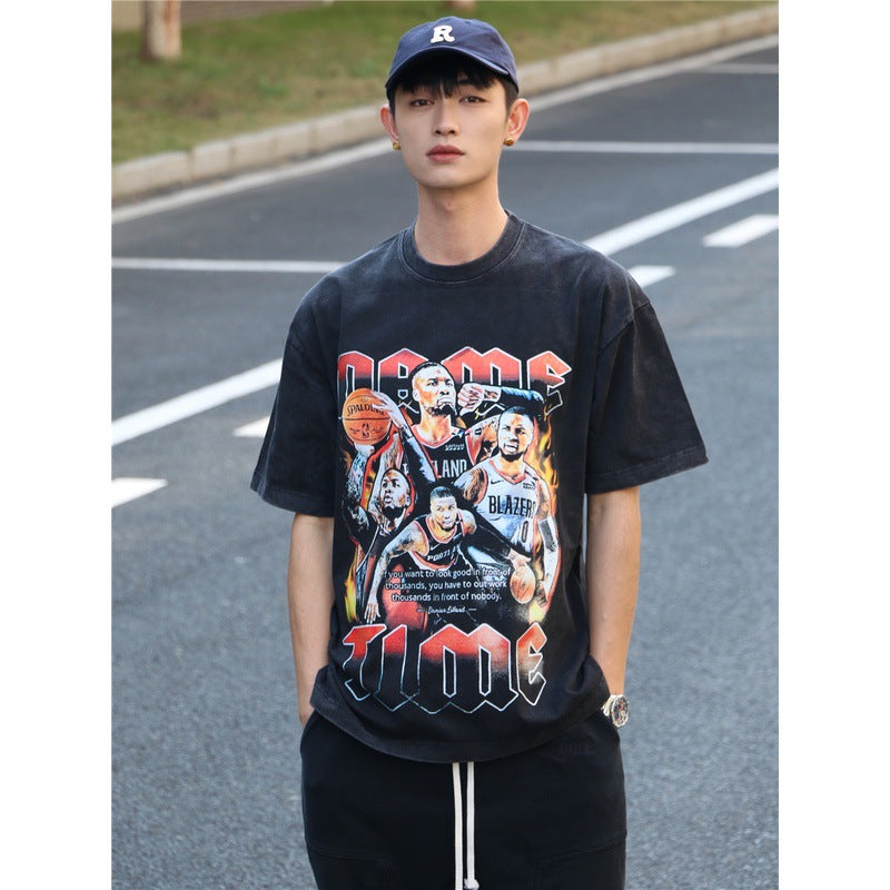 Basket Ball Star T Shirt Damian Lillard Short Sleeve Washed Distressed T-shirt Loose