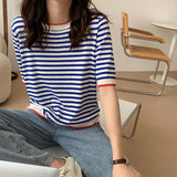 Mariner Shirt Contrast Color Striped Short-Sleeved T-shirt Women's Ice Cotton Knitwear Navy-Striped Shirt