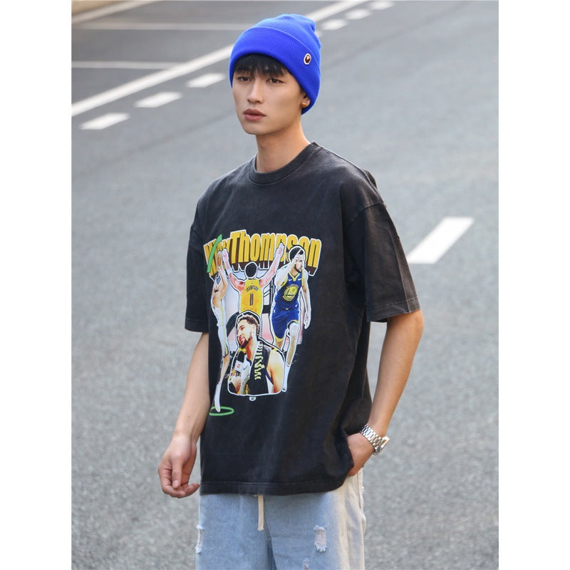 Film Star T Shirt Klaythompson Washed Distressed Printed American T-Shirt Retro Loose Short Sleeve