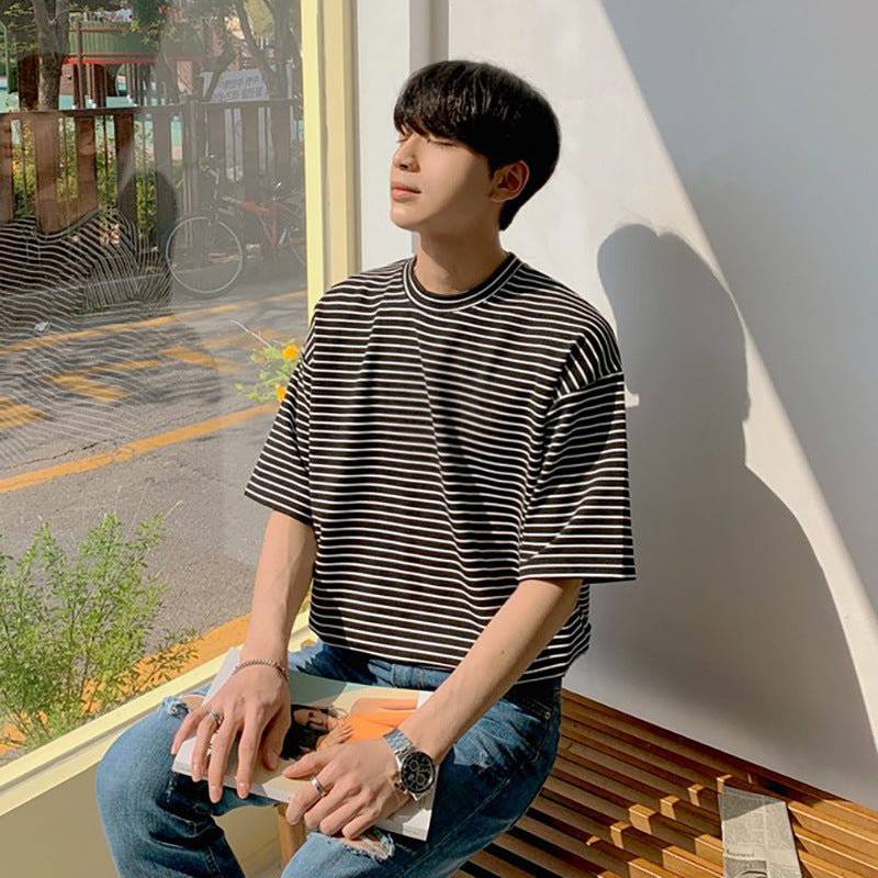 Mariner Shirt Striped T-shirt Men's Summer round Neck Short Sleeves Korean Style Trendy Loose