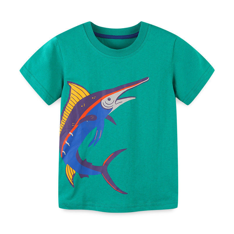 Boy T Shirt Children's Summer Clothing T-shirt Children's Short-Sleeved T-shirt Knitted Cotton Cartoon Print