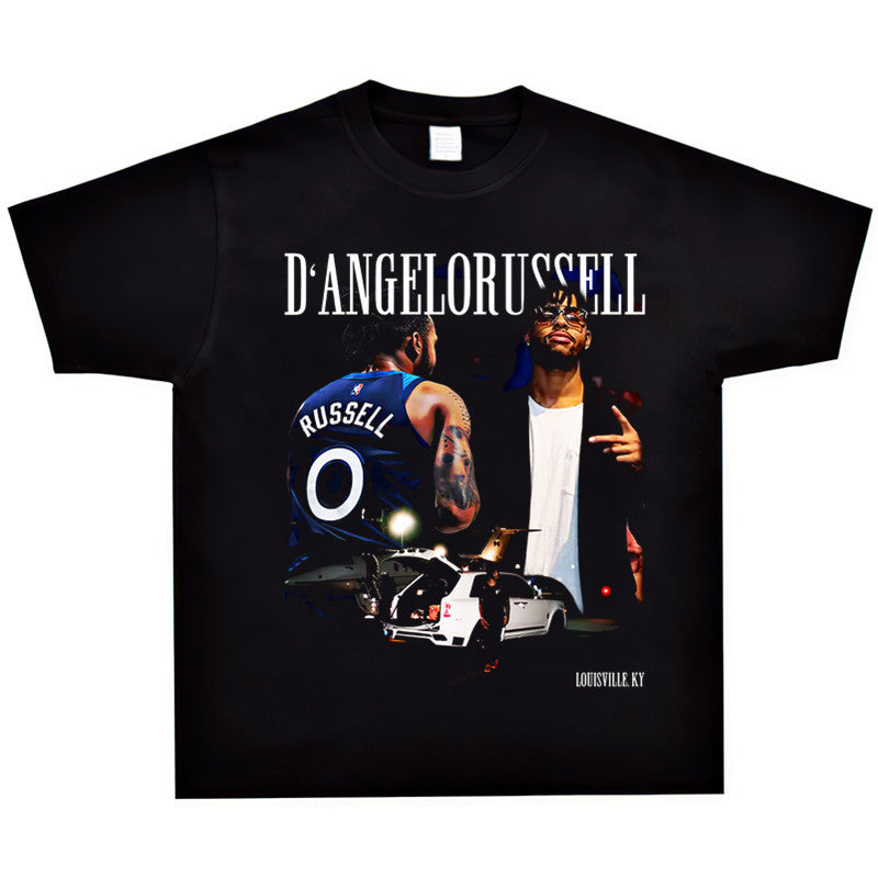 Basket Ball Star T Shirt D'angelo Russell Washed Distressed Printed T-shirt Short Sleeve Vintage Pure Cotton