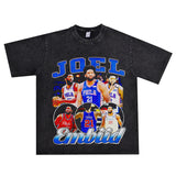 Basket Ball Star T Shirt Basketball Joel Embiid Washed Distressed T-shirt Short Sleeve Loose Retro