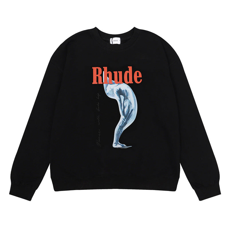 Rhude Hoodie Rhude Tortured Goddess Pure Cotton Terry Hip Hop Men's and Women's Crew Neck Casual Sweatshirt