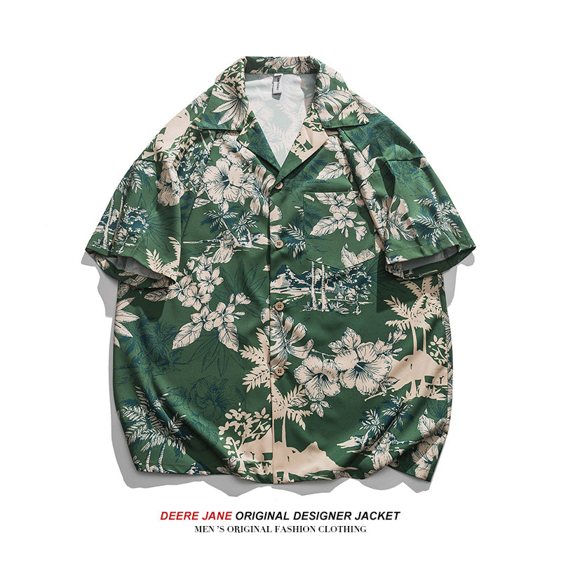 Men Shirts Summer Short Sleeve Printed Shirt Loose Shirt Coat