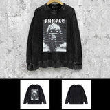 Purple Brand Distressed Sweatshirt Fashion Washed Black Long Sleeves Top