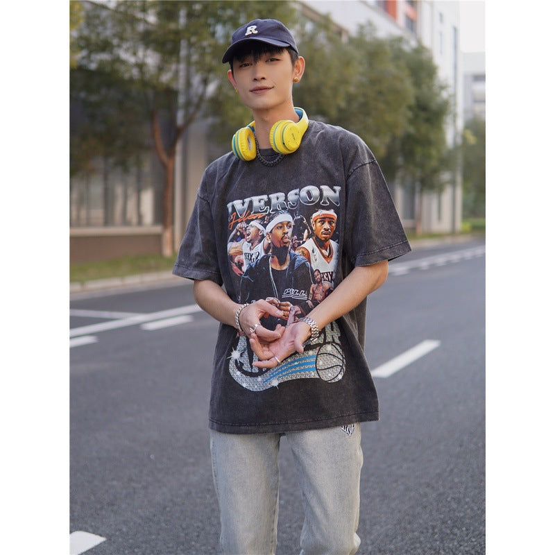 Basket Ball Star T Shirt Allenezailiverson Washed Distressed T-Shirt Printed Retro Loose