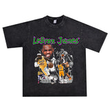 Basket Ball Star T Shirt Lebron James Washed Distressed Street American T-Shirt Loose