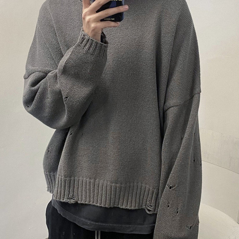 MIJKO Mens Jacket Small Ripped Knitted Sweater Loose Sweater