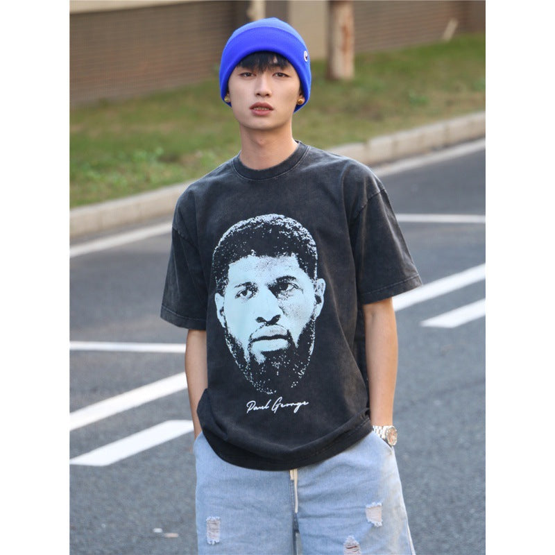 Basket Ball Star T Shirt Basketball Paul George Washed Distressed Printed T-Shirt Vintage Cotton Short Sleeve