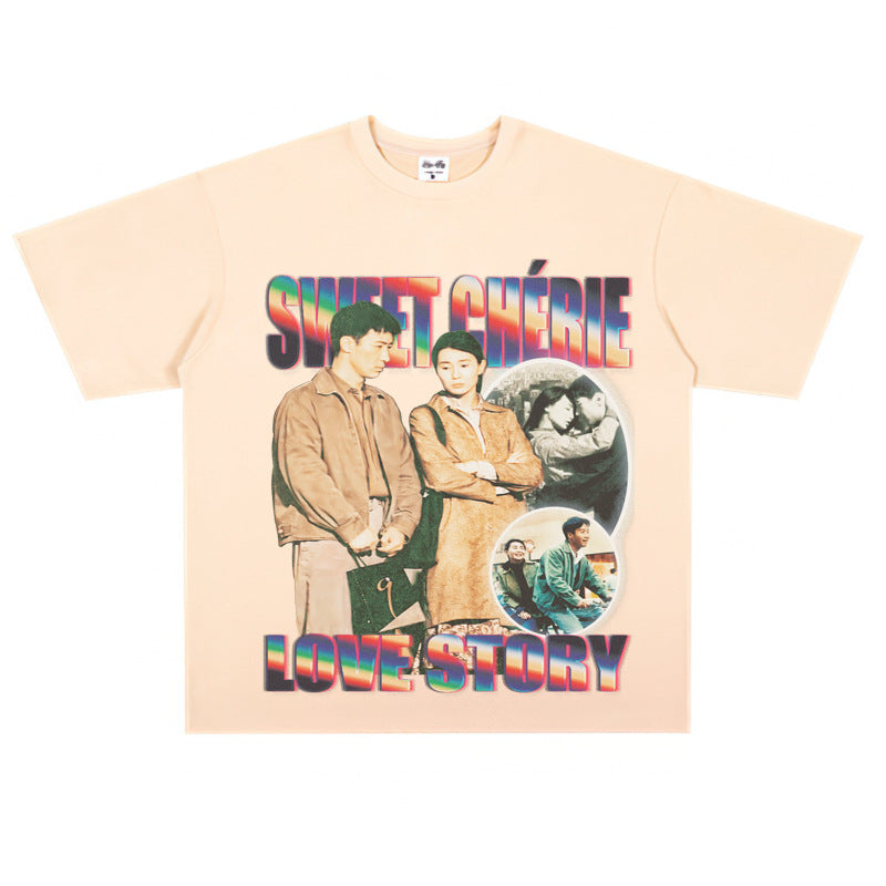 Film Star T Shirt Loose Heavy Retro Street Cotton Small Neckline T-shirt for Men and Women