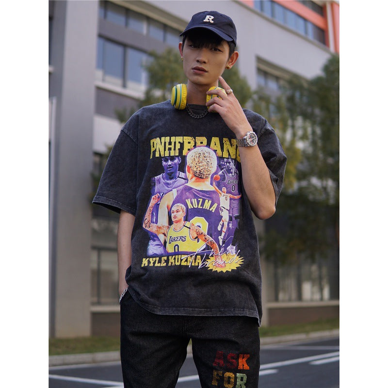 Basket Ball Star T Shirt Washed Worn-out Kelkuzma Short-Sleeved Printed T-shirt Vintage Pure Cotton