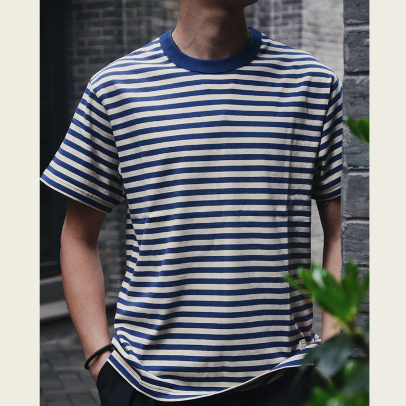 Mariner Shirt Summer Navy-Striped Shirt Loose Couple round Neck Striped Short Sleeve T-shirt Men