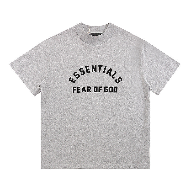 Fog Essentials T Shirts Spring Summer FOG Double Line Flocking Letter Crew Neck Short Sleeves
