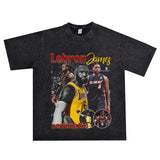 Basket Ball Star T Shirt Lebron James Washed Distressed Street American T-Shirt Loose