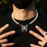 Chains Wind Butterfly Pearl Necklace Vintage Light Luxury Diamond Set Spectrum St. Valentine's