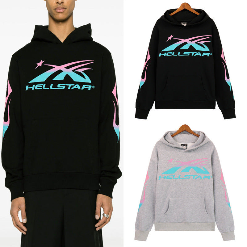 Mens trendy Hoodie gradual change color print hoodie fall loose sweater