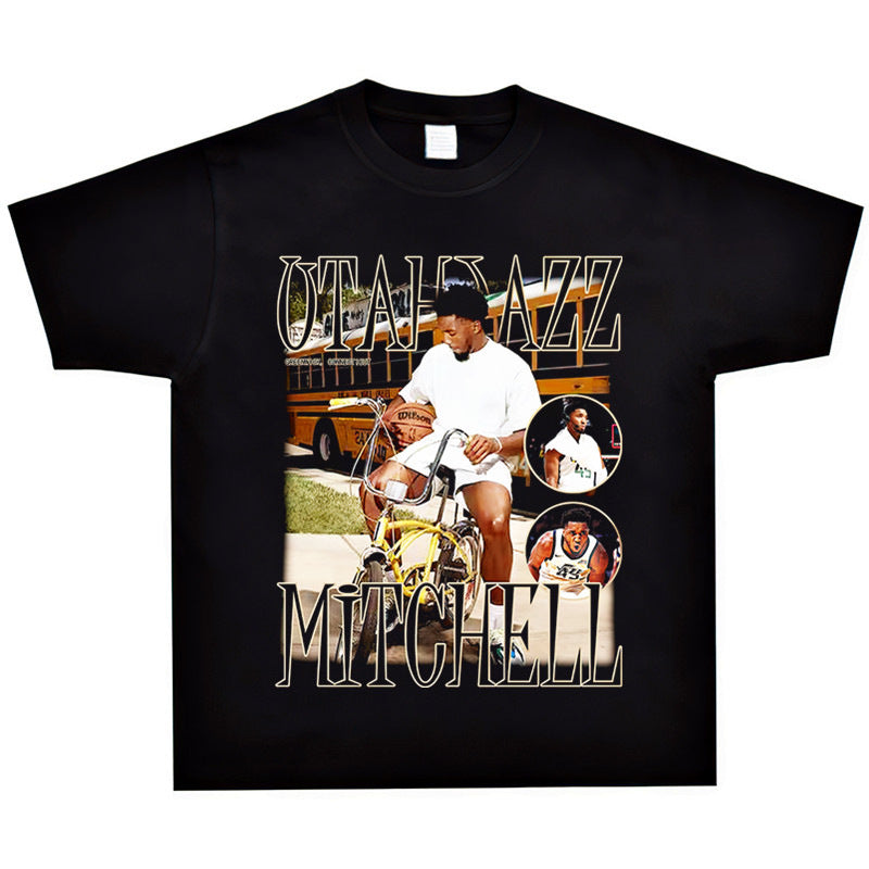 Basket Ball Star T Shirt Basketball Donovan Mitchell Washed Distressed Printed T-shirt Vintage Cotton Short Sleeve