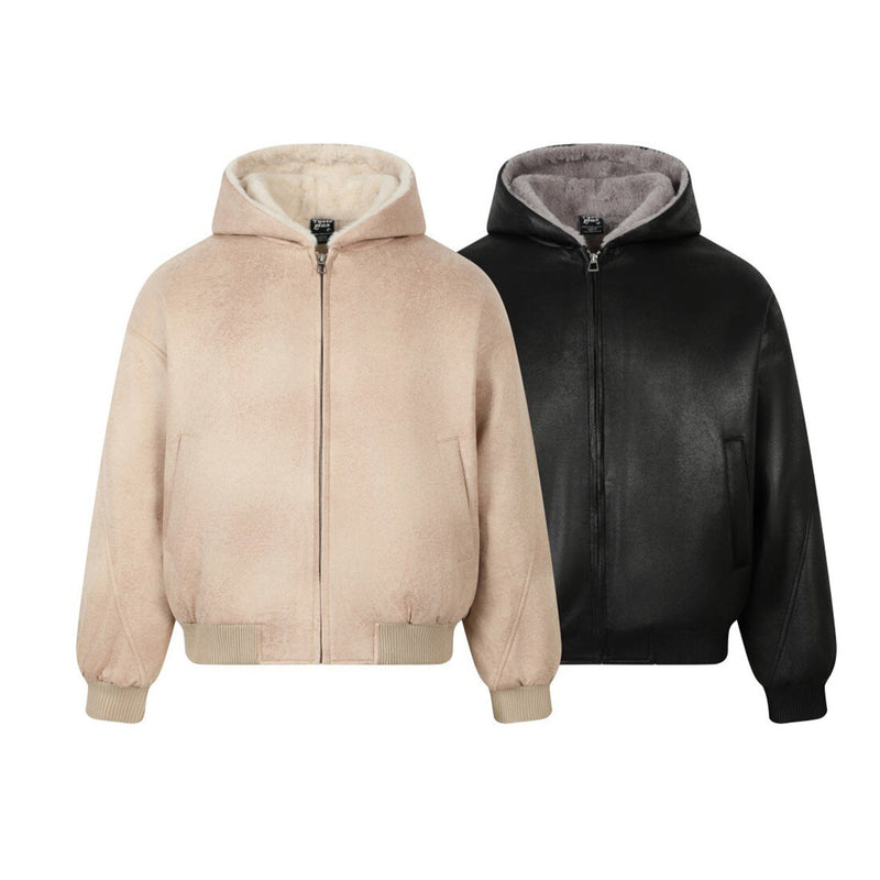 Unisex Down Jacket Winter Plush Collar Hooded Padded Jacket