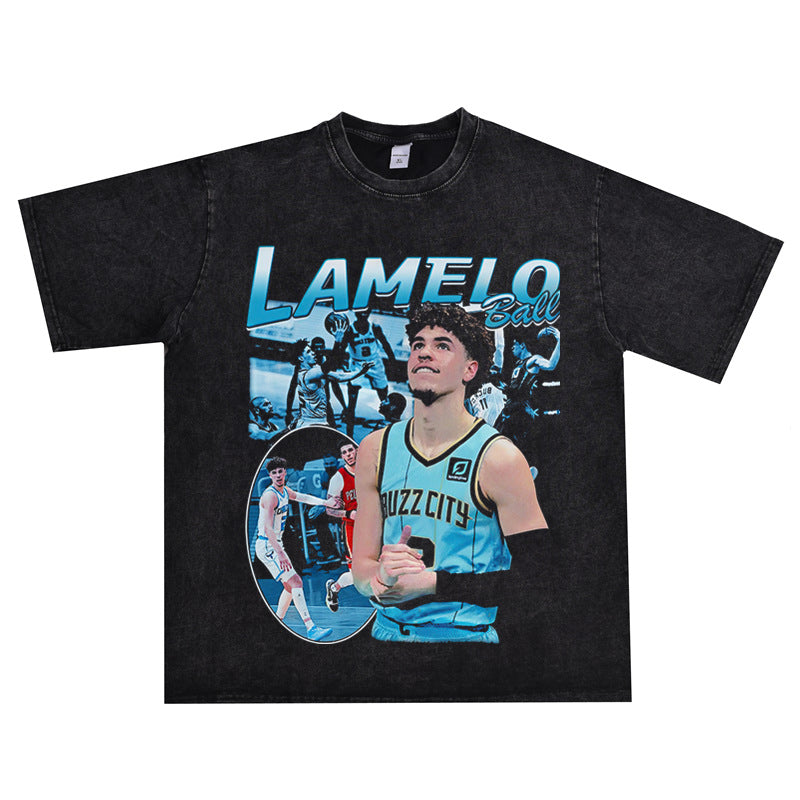 Basket Ball Star T Shirt Washed Distressed Lamelo Ball Printed Short Sleeve T-Shirt Vintage Pure Cotton